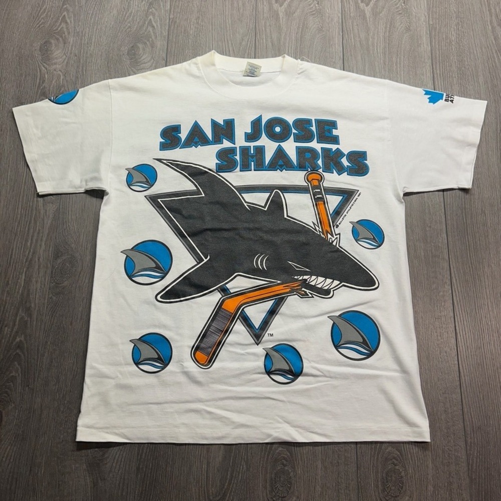 Vintage 1991 San Jose Sharks Bulletin Athletic T-Shirt NHL Double Sided White OS